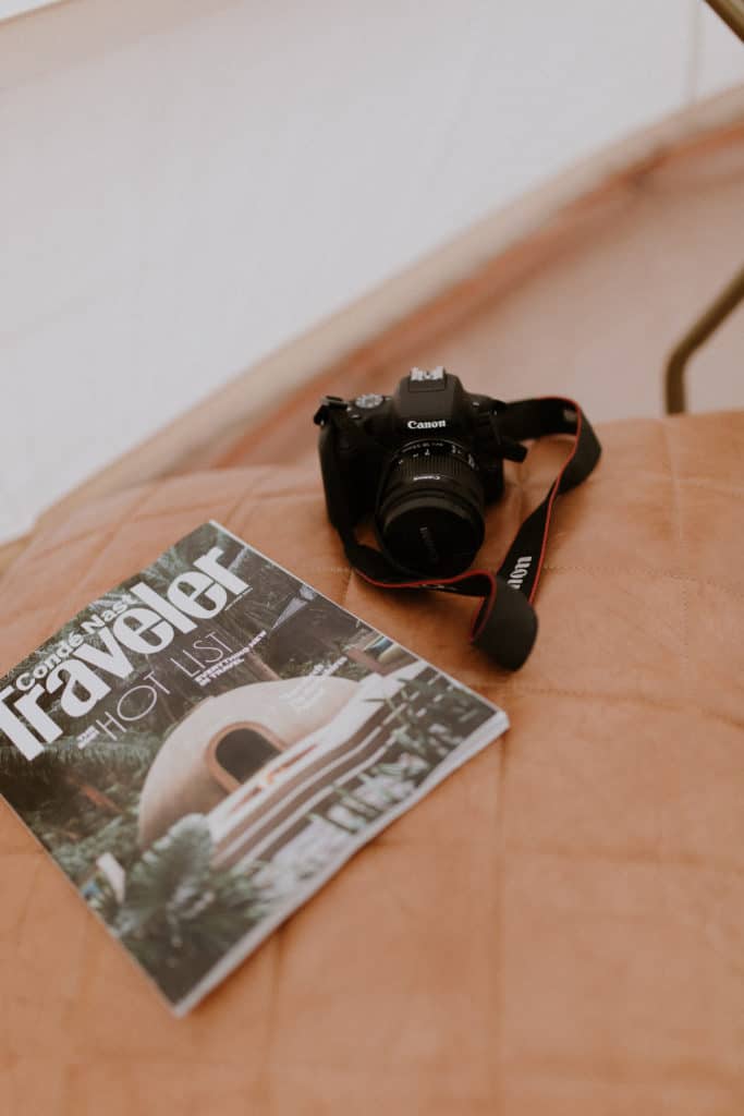 Canon Camera and Conde Nast Traveler Magazine Flat Lay Travel Blogger Aesthetic